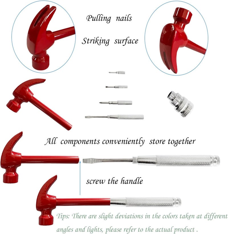LASUND Red 6 in 1 Multitool Mini Hammer & Screwdriver Set - Camping Hand Tools with Metal Hammer Head - Image 3
